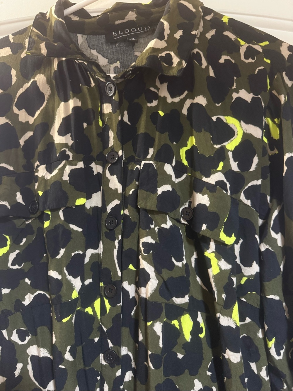 Eloquii Olive & Black Leopard Print Shirt Dress with Neon Yellow Accents - Picture 7 of 8